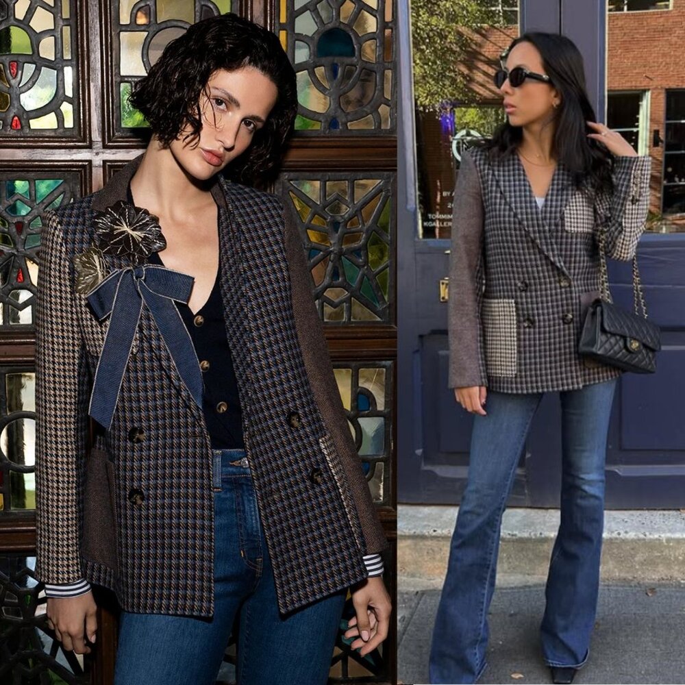 Veronica Beard Faustine Blazer Houndstooth Blue M… - image 1